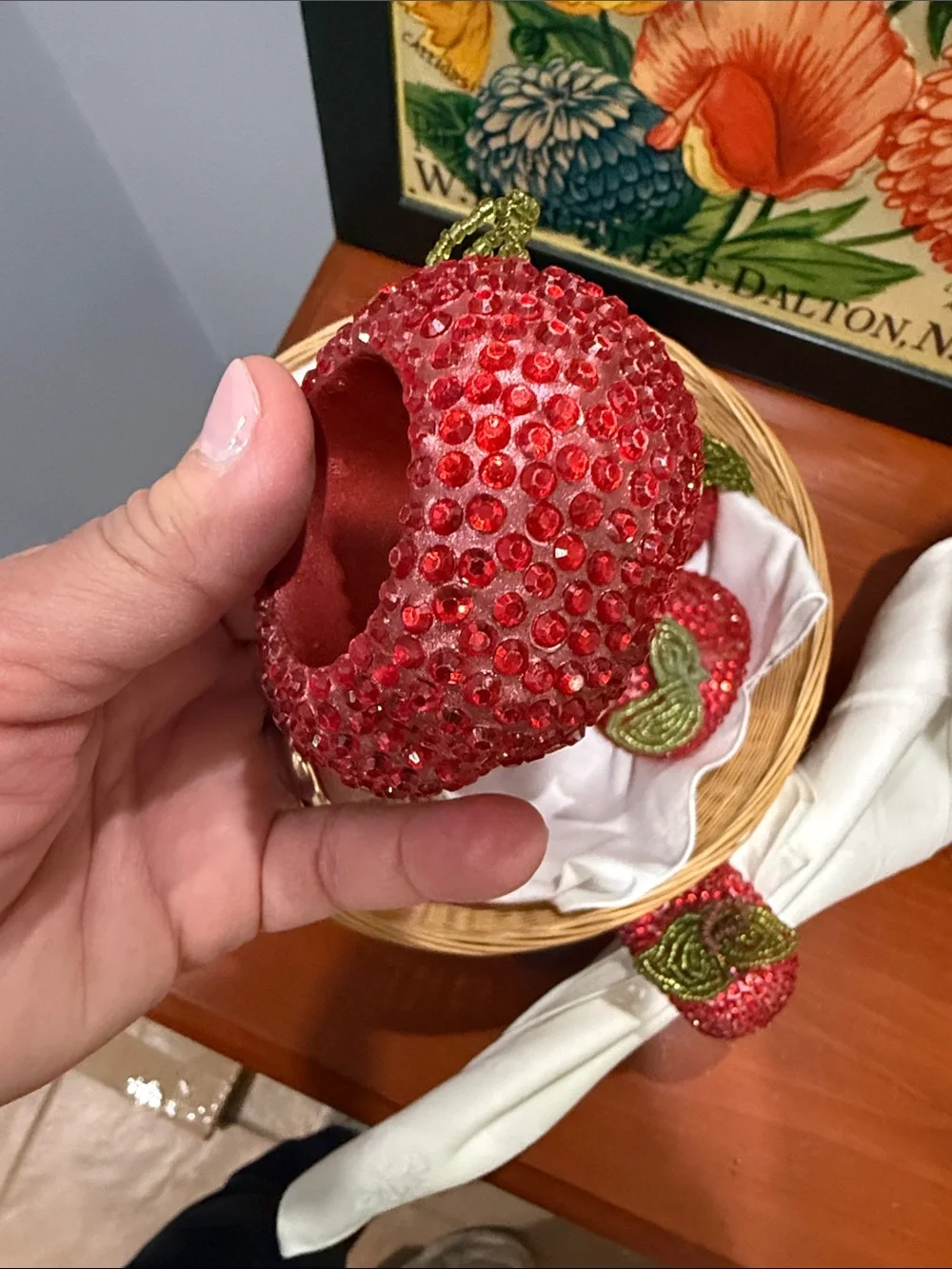 Pier 1 Beaded Rhinestone Red Apple Napkin Rings - Home Accents set of 8